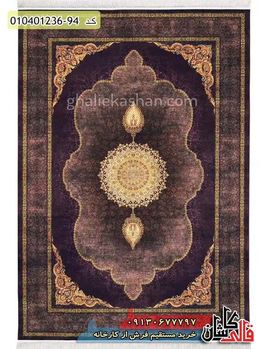 فرش طلاکوب 1200 شانه طرح کهربا زمینه قهوه ای کاشان — تصویر ۲