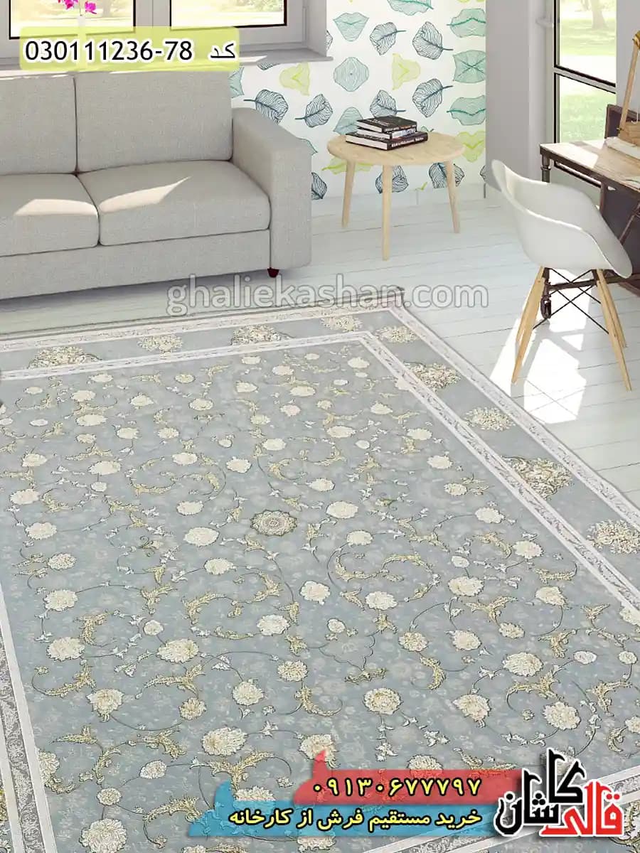 فرش طلاکوب 1200 شانه طرح افشان زرگل زمینه طوسی نقره ای کاشان – گل برجسته — تصویر ۶