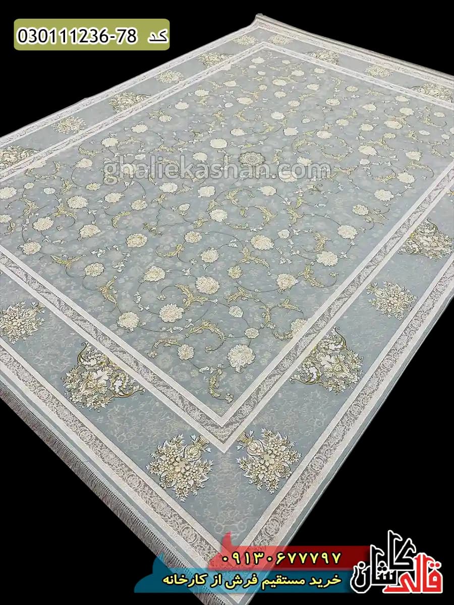 فرش طلاکوب 1200 شانه طرح افشان زرگل زمینه طوسی نقره ای کاشان – گل برجسته — تصویر ۷