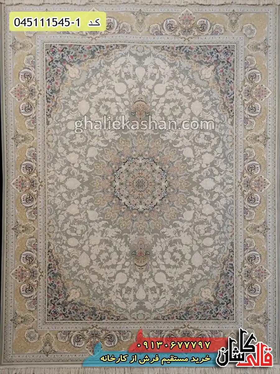 فرش طلاکوب 1500 شانه طرح نایین زمینه طوسی نقره ای کاشان – گل برجسته — تصویر ۲