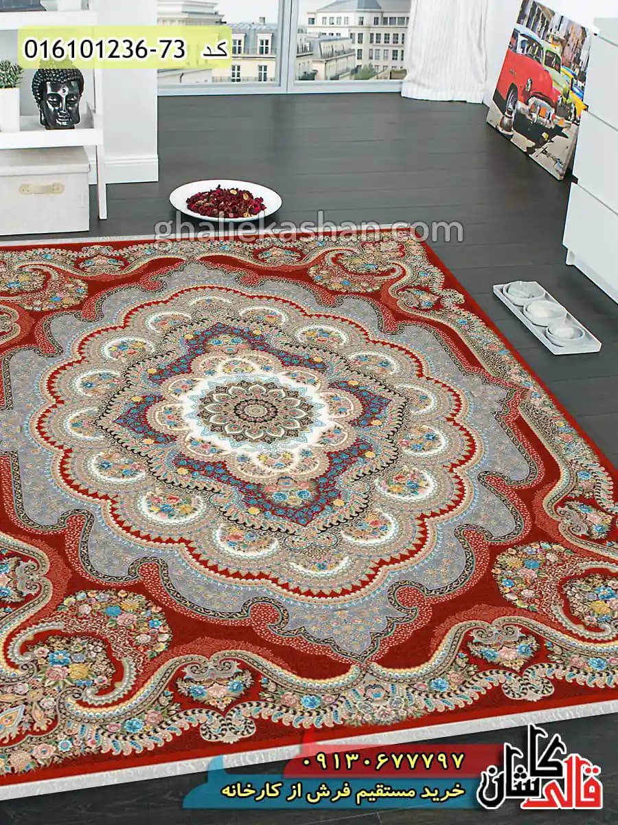 فرش 1200 شانه طرح باغ ملک زمینه زرشکی کاشان
