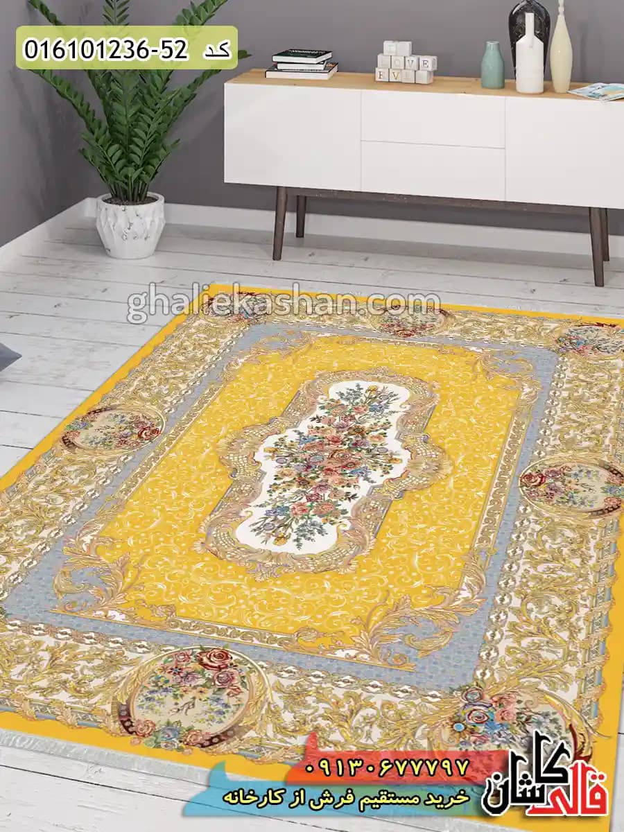 فرش 1200 شانه طرح الیزه زمینه زرد طلایی کاشان