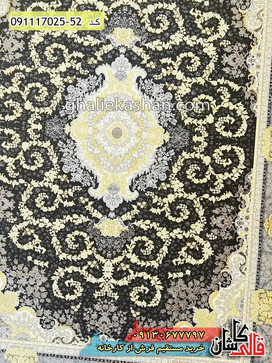 فرش طلاکوب 700 شانه طرح پرنسس زمینه زغالی کاشان – گل برجسته — تصویر ۴