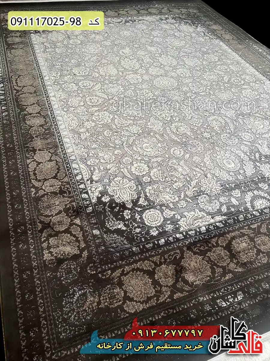 فرش وینتیج 700 شانه طرح افشان افرا زمینه قهوه ای کاشان – گل برجسته — تصویر ۳