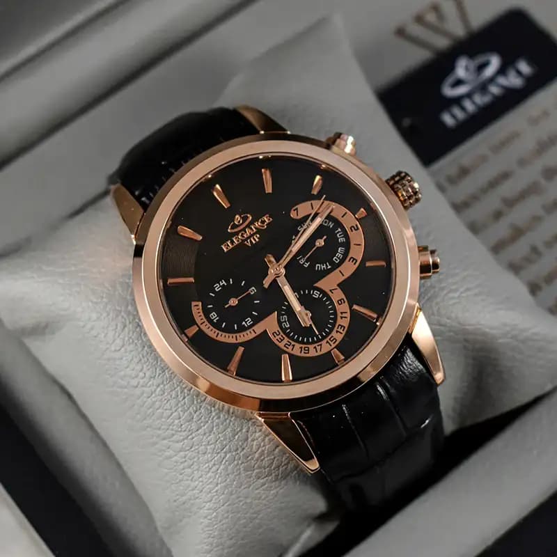 ساعت مچی عقربه ای مردانه الگانس مشکی رزگلد مدل 1186G