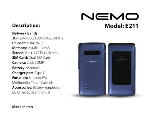 گوشی موبایل نمو تاشو مدل NEMO e211 دو سیم کارت رجیسترشده | دوسیم کارت + رجیستر +کد فعالسازی (گارانتی 18ماهه شرکتی) سرمه ای — تصویر ۳