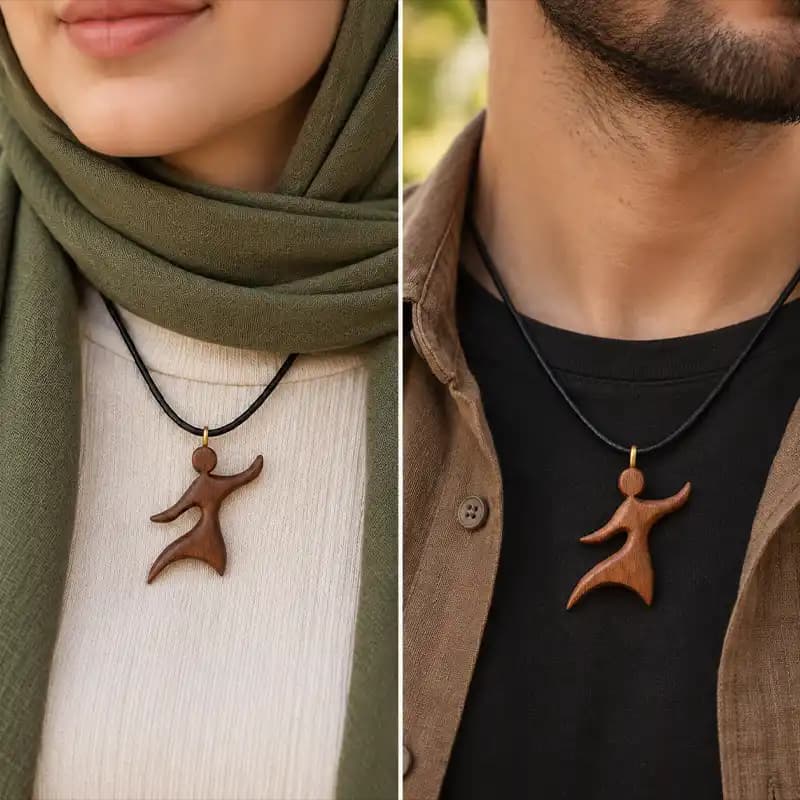 گردنبند رقص سماع | چوب گردو | دست‌ساز | بند چرمی — تصویر ۲