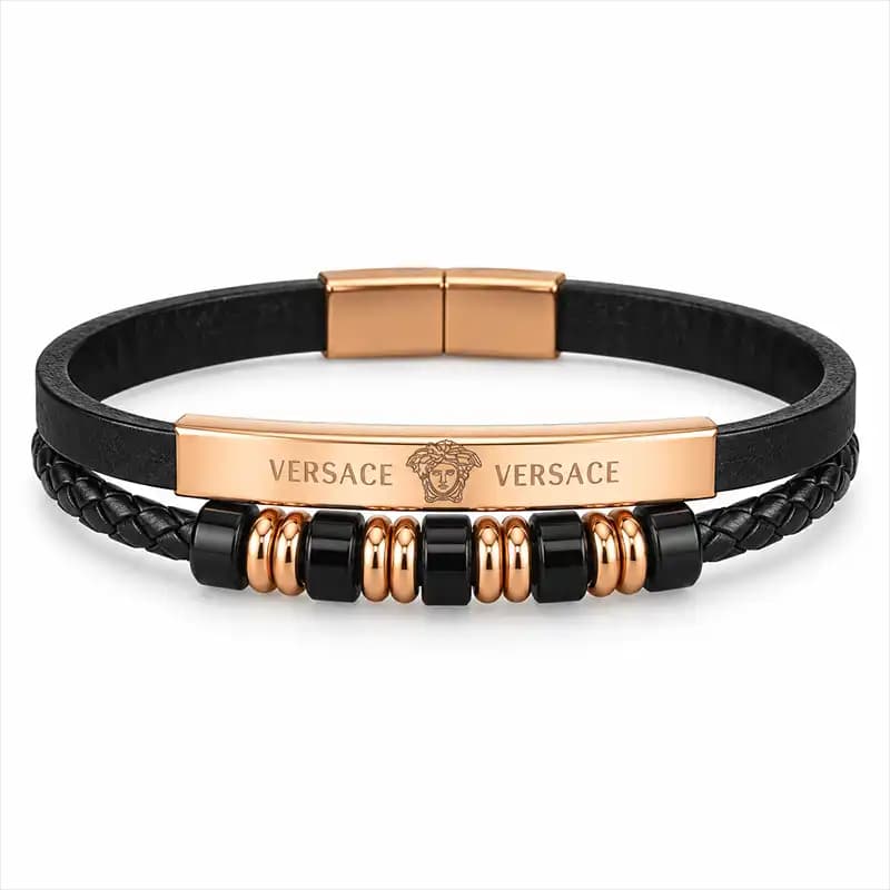 دستبند مردانه چرمی طرح Versace با پلاک رزگلد-زیورینو-کد 2021