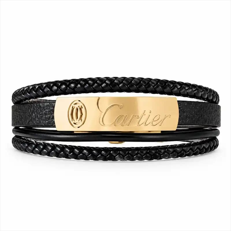دستبند مردانه چرمی طرح Cartier با پلاک استیل-زیورینو-4 ردیفه