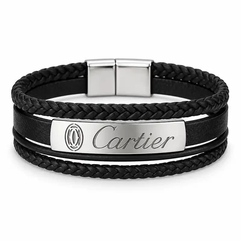 دستبند مردانه چرمی طرح Cartier با پلاک استیل-زیورینو-4 ردیفه — تصویر ۲