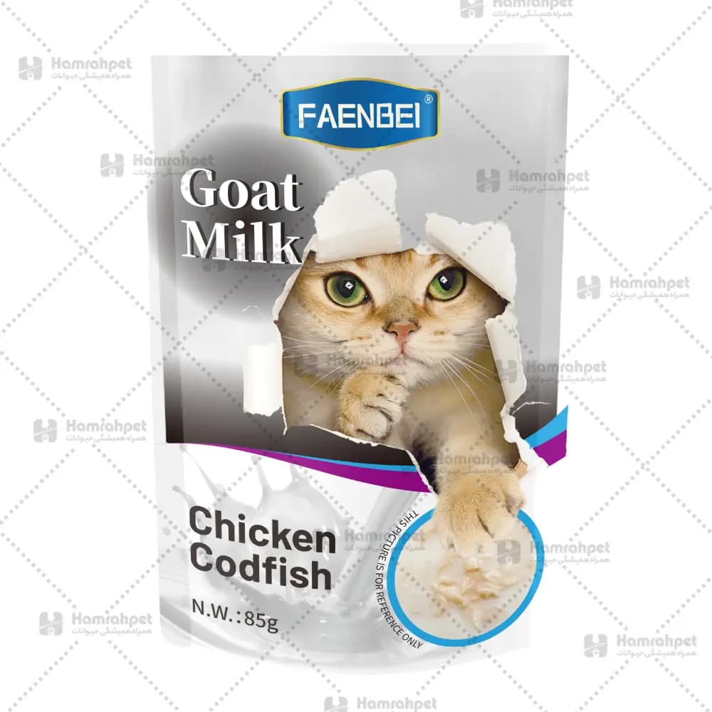 پوچ گربه فنبی طعم گوشت مرغ و ماهی کاد در شیر بز
