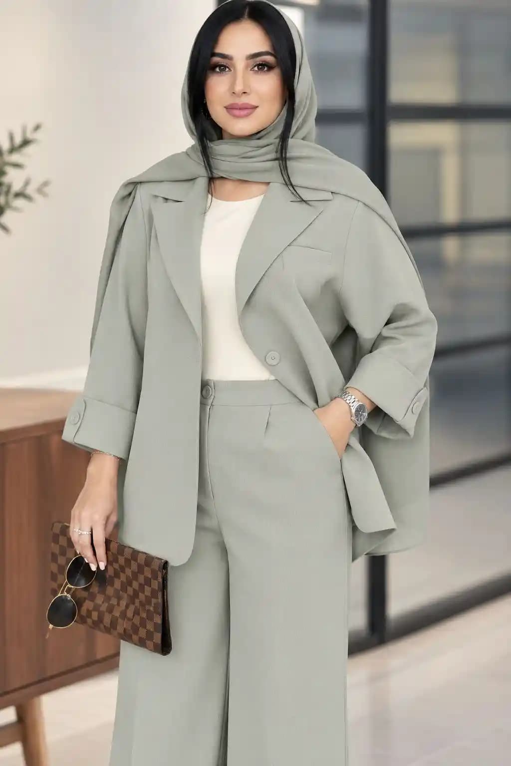کت وشلوار زنانه یقه بلیزر و جنس کرپ کجراه کد174 — تصویر ۳
