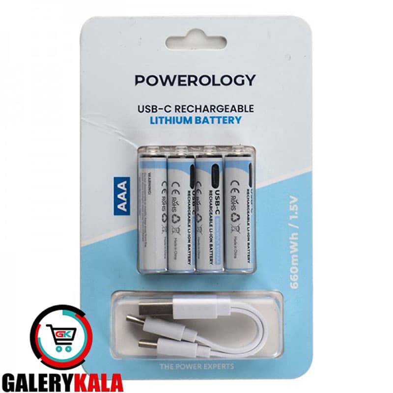 باتری نیم قلمی شارژی POWEROLOGY مدل USB-C AAA 6600mWh (کارتی 4 تایی)