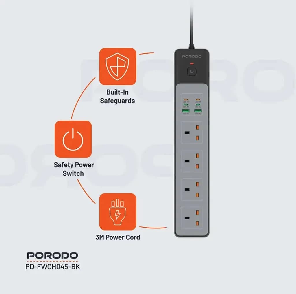 محافظ شوک الکتریکی و چند راهی برق پرودو مدل PD-FWCHO45-BK-65W — تصویر ۵