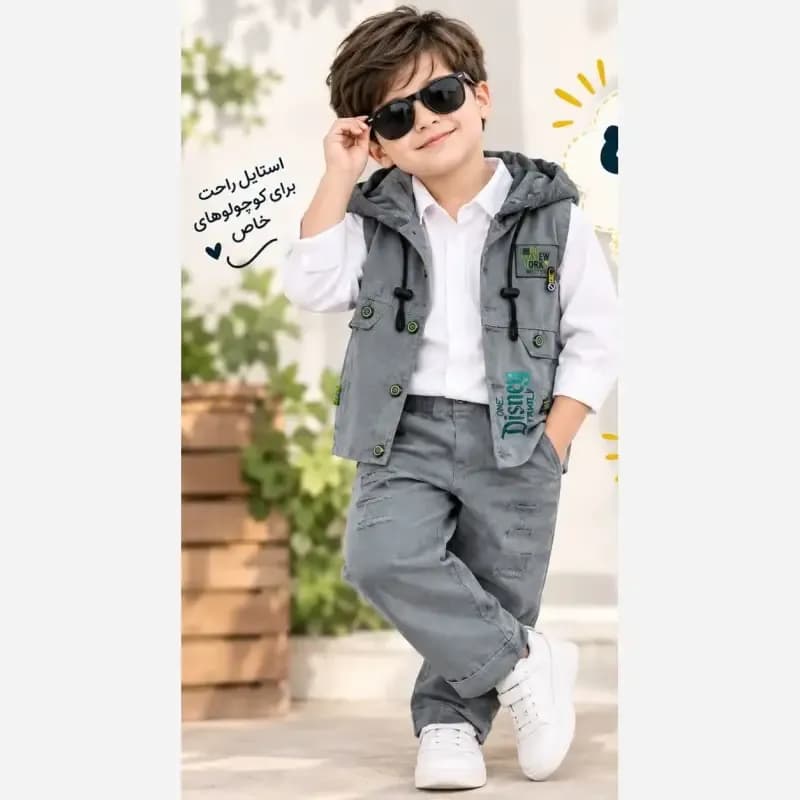 ست سه تکه لباس بچگانه جلیقه و شلوار کتان پنبه و بلوز ملانژ طوسی