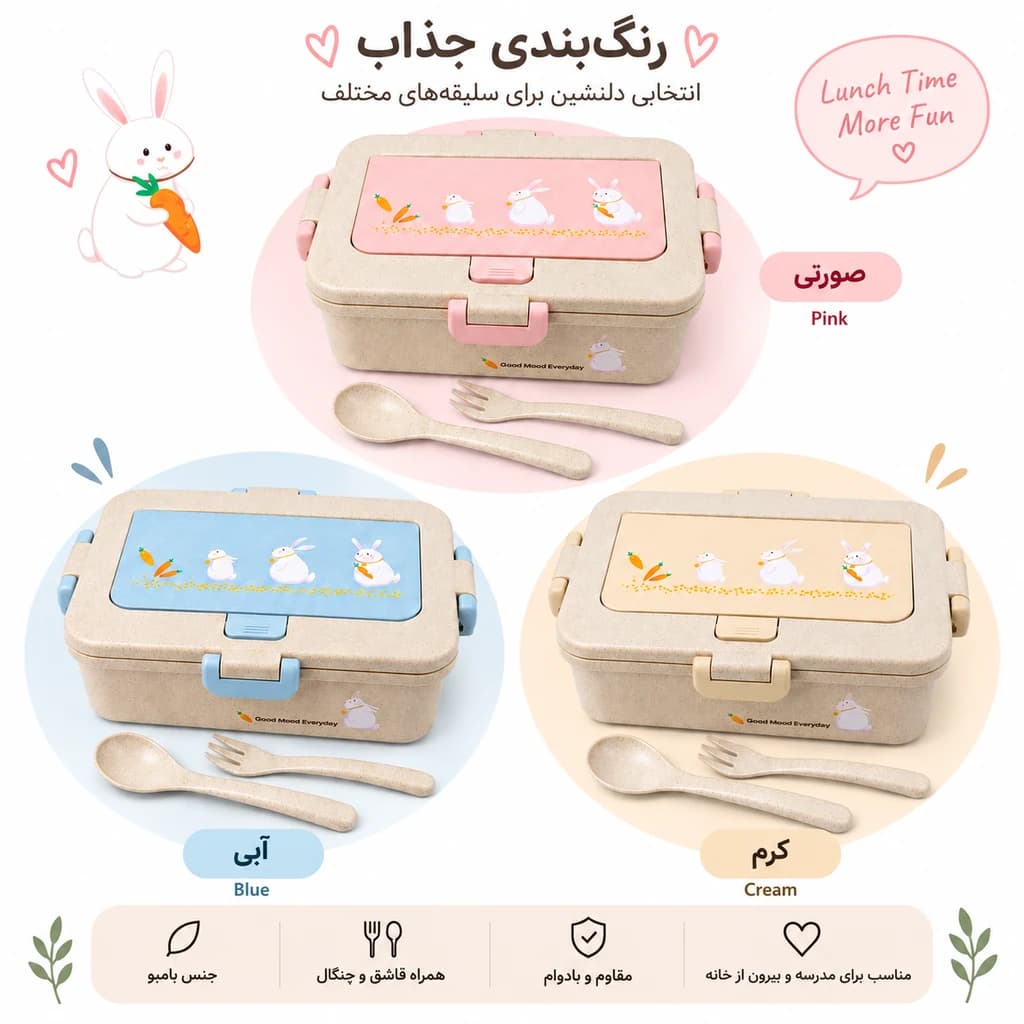 ظرف غذا کودک بامبو ۳ تکه طرح خرگوش و هویج با قاشق و چنگال — تصویر ۶