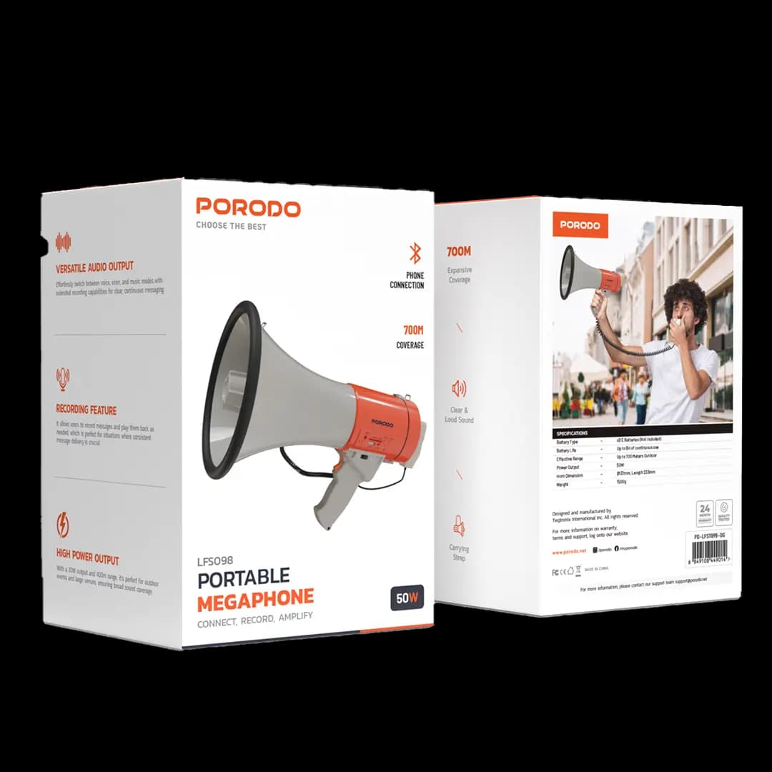 بلندگو دستی مخصوص تور،مدارس،اسپیکر بلوتوث پخش آلارم های اضطراری پرودو مدل Porodo Portable Megaphone LFST098 — تصویر ۲