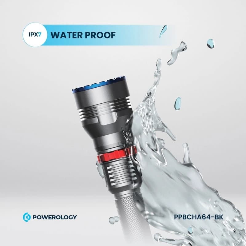 چراغ قوه حرفه ای ضد آب و پر نور پاورولوژی Powerology 4000mAh Waterproof LED Flashlight PPBCHA64-BK — تصویر ۳