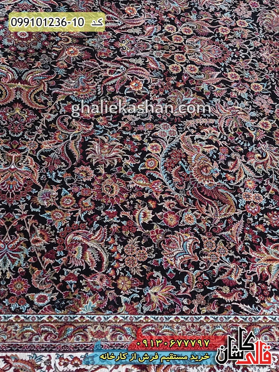 فرش ارزان 1200 شانه طرح افشان گل مرغ زمینه سرمه ای کاشان – 6 متری استوک تخفیفی نو — تصویر ۴