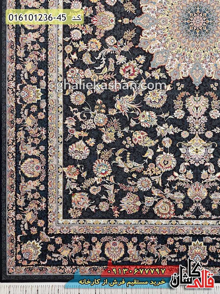 فرش 1200 شانه طرح افشان قجری زمینه سرمه ای کاشان — تصویر ۳