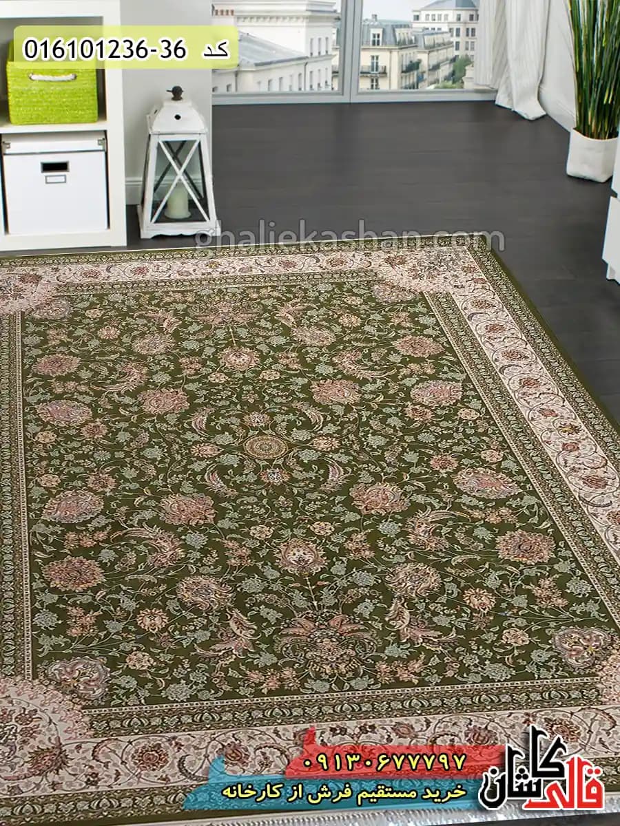 فرش 1200 شانه طرح افشان سلطنتی زمینه سبز کاشان