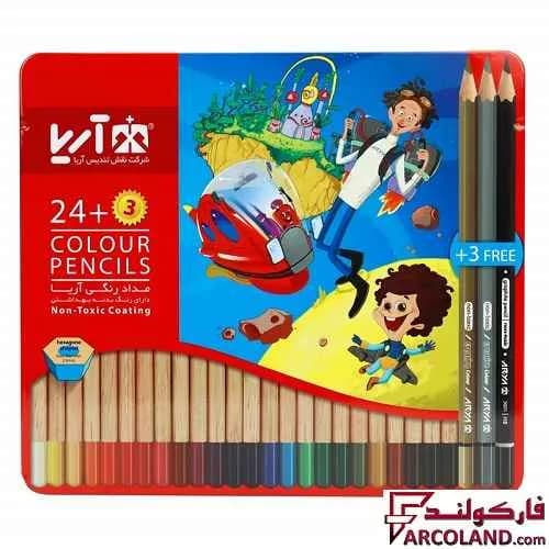 مداد رنگی 3+24 رنگ آریا جعبه فلزی کد Arya 3022