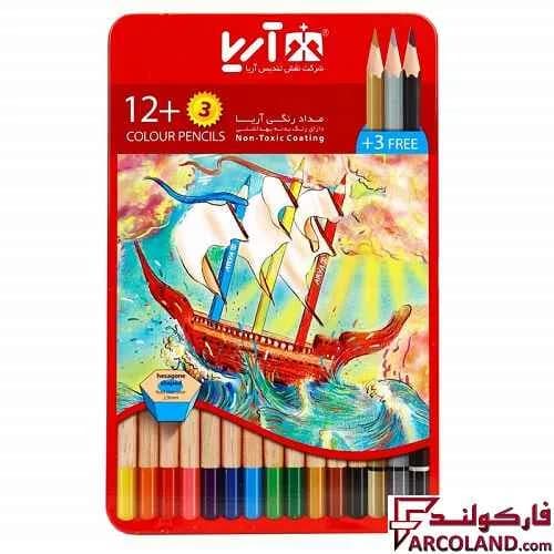 مداد رنگی 3+12 رنگ آریا جعبه فلزی کد Arya 3021