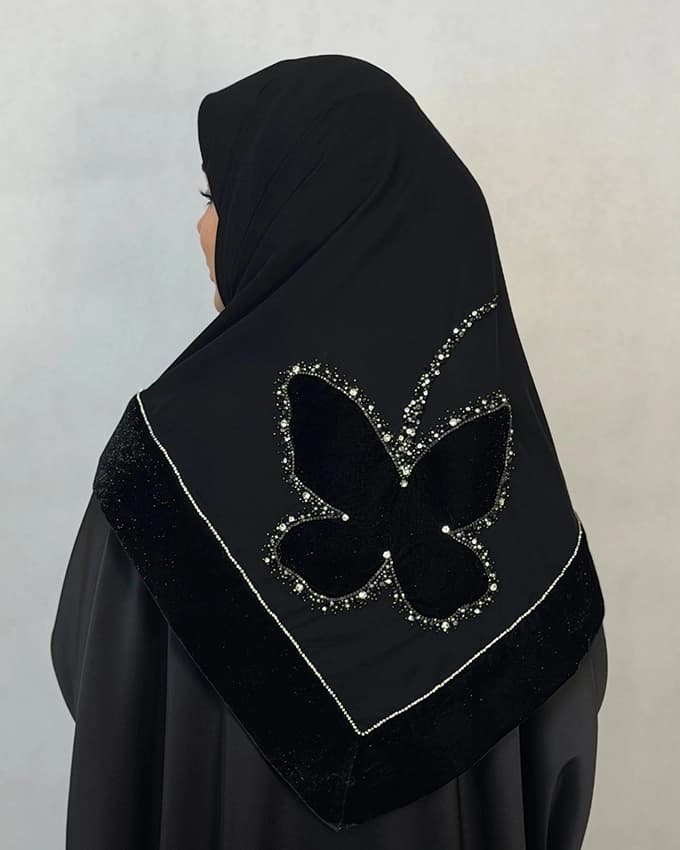روسری حریر حاشیه مخمل پروانه مشکی