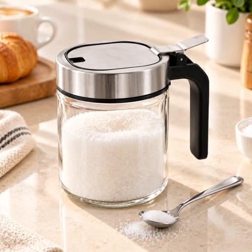 شکر پاش شیشه ای درب استیل قاشق دار