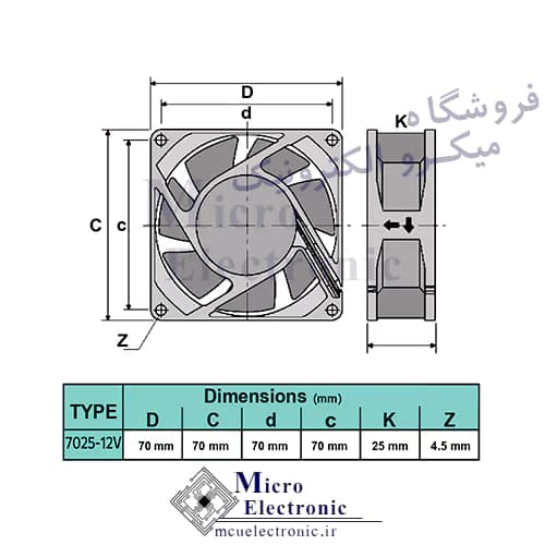 فن 7×7 قطر 2.5 ولتاژ 12 ولت — تصویر ۲