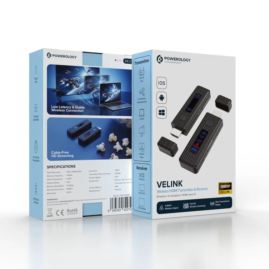 فرستنده و گیرنده HDMI بیسیم پاورولوژی VELINK مدل PWL50DBK با برد 50 متر — تصویر ۲