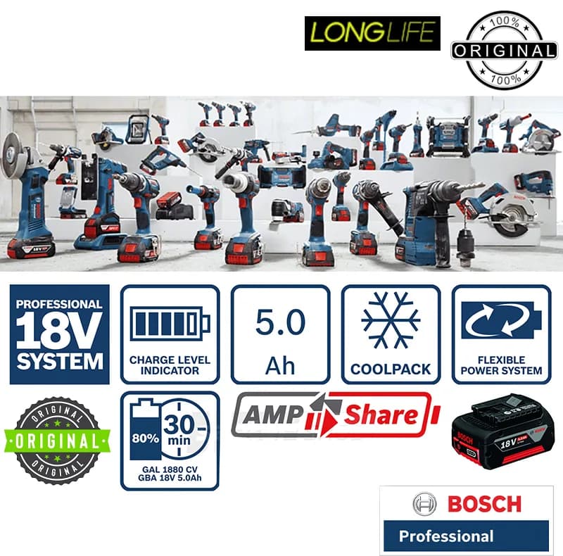 باتری وشارژر لیتیومی 18 ولت 5 آمپر ساعت بوش مدل Li.ion-Pro 18V 5.0 AH مجموعه 3 عددی — تصویر ۵