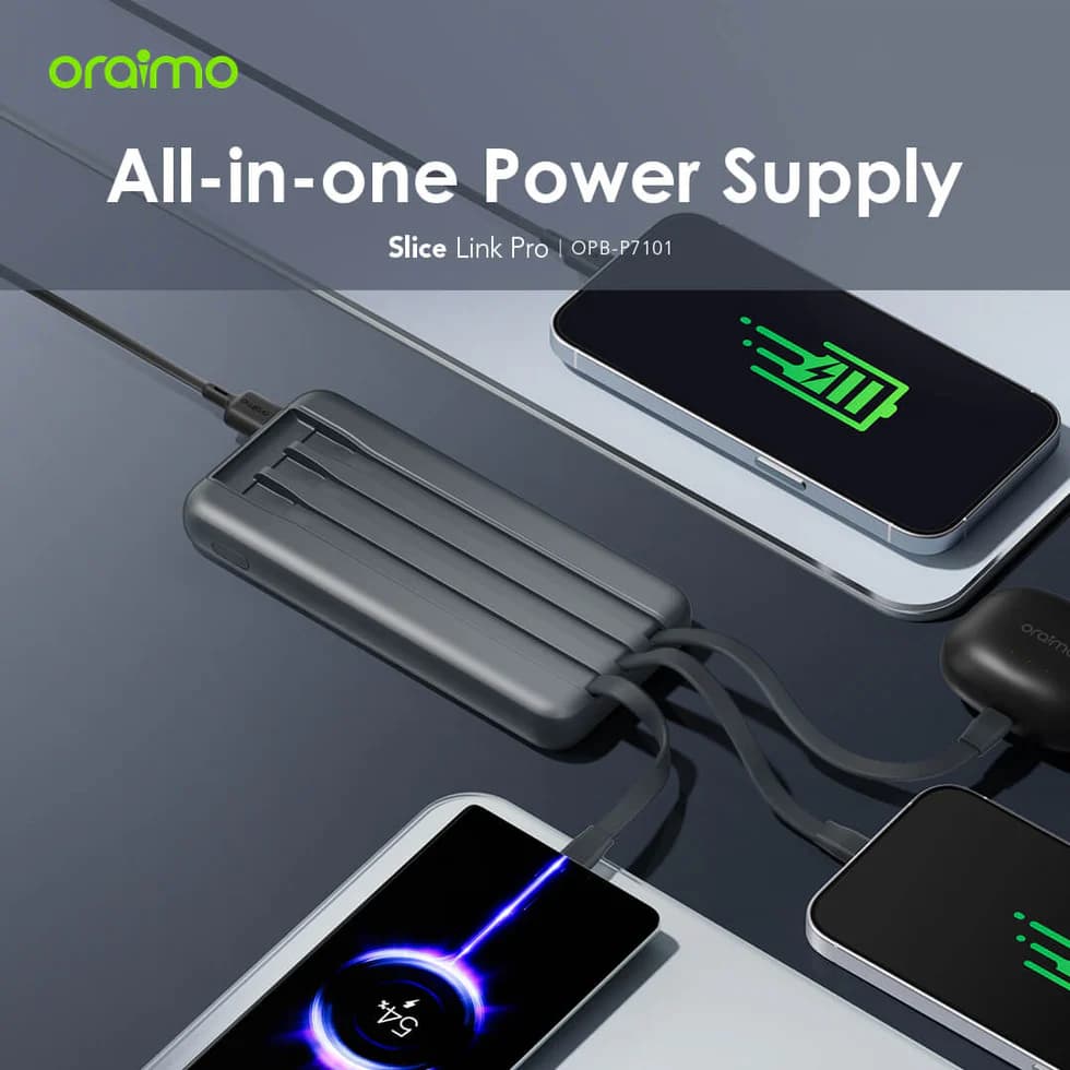 پاوربانک 10000 هزار 12.5 وات با سه کابل متصل اورایمو oraimo 10000mAh Power Bank with Built-in Lightning, USB-C & Micro-USB Cables — تصویر ۷