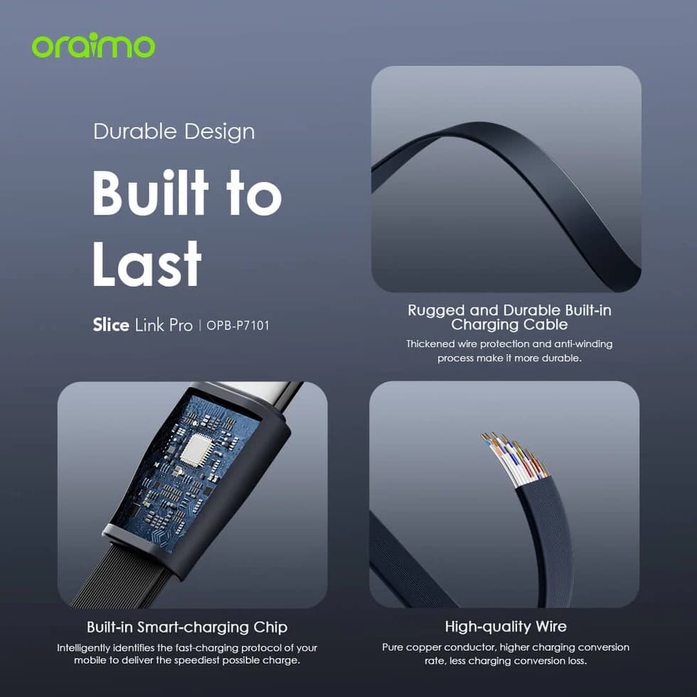 پاوربانک 10000 هزار 12.5 وات با سه کابل متصل اورایمو oraimo 10000mAh Power Bank with Built-in Lightning, USB-C & Micro-USB Cables — تصویر ۳