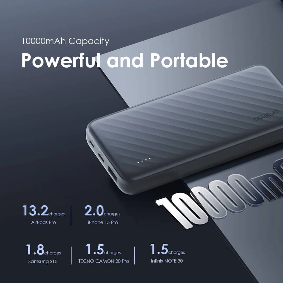 پاوربانک 10000 هزار 12.5 وات با سه کابل متصل اورایمو oraimo 10000mAh Power Bank with Built-in Lightning, USB-C & Micro-USB Cables — تصویر ۵