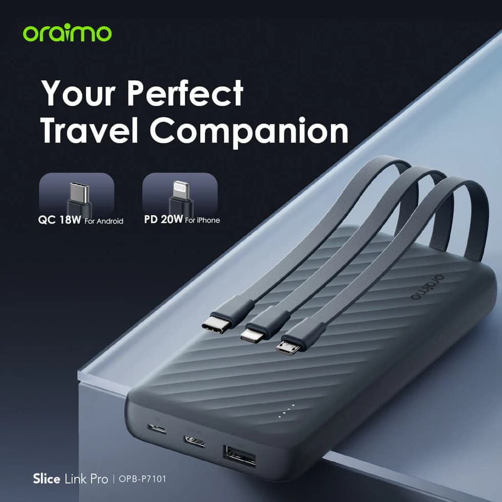 پاوربانک 10000 هزار 12.5 وات با سه کابل متصل اورایمو oraimo 10000mAh Power Bank with Built-in Lightning, USB-C & Micro-USB Cables — تصویر ۸
