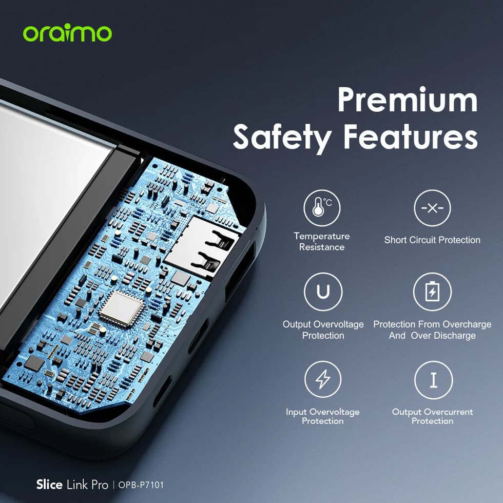 پاوربانک 10000 هزار 12.5 وات با سه کابل متصل اورایمو oraimo 10000mAh Power Bank with Built-in Lightning, USB-C & Micro-USB Cables — تصویر ۲