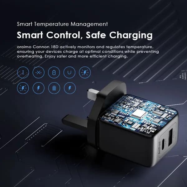 شارژر دیواری 18 وات اورایمو به همراه کابل لایتنینگ مخصوص ایفون مدل oraimo Cannon 18D 18W — تصویر ۷