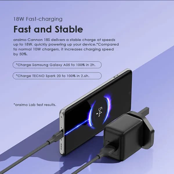 شارژر دیواری 18 وات اورایمو به همراه کابل لایتنینگ مخصوص ایفون مدل oraimo Cannon 18D 18W — تصویر ۶