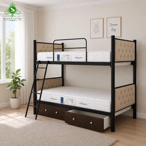 تخت خواب دو طبقه فلزی مدل لمسه با کشو بدون تشک مبلمان فرنا مدل 1142551