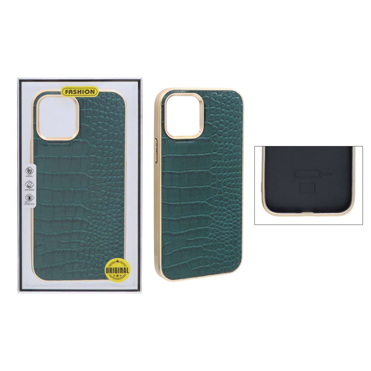 قاب طرح چرم کروکودیل دور طلایی Apple iPhone 12 / iPhone 12 Pro – سبز (پک دار)