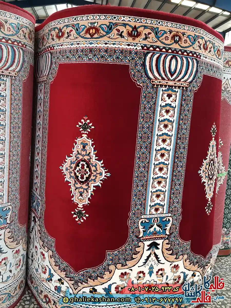 سجاده فرش نماز و مسجد کاشان 700 شانه طرح رضوان ریز ماهی زمینه قرمز – کاشان — تصویر ۴