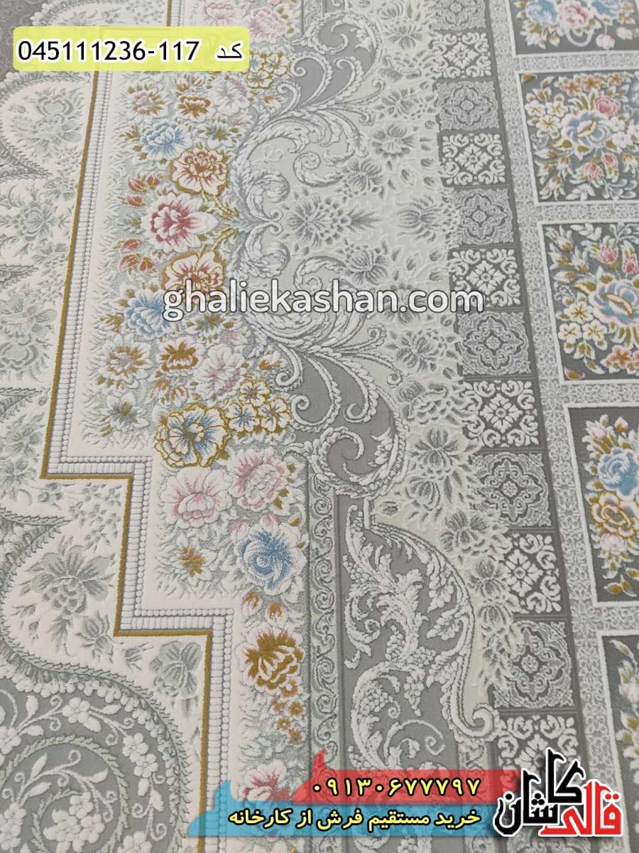 فرش طلاکوب 1200 شانه طرح خشتی ترنج زمینه متالیک کاشان – گل برجسته — تصویر ۳