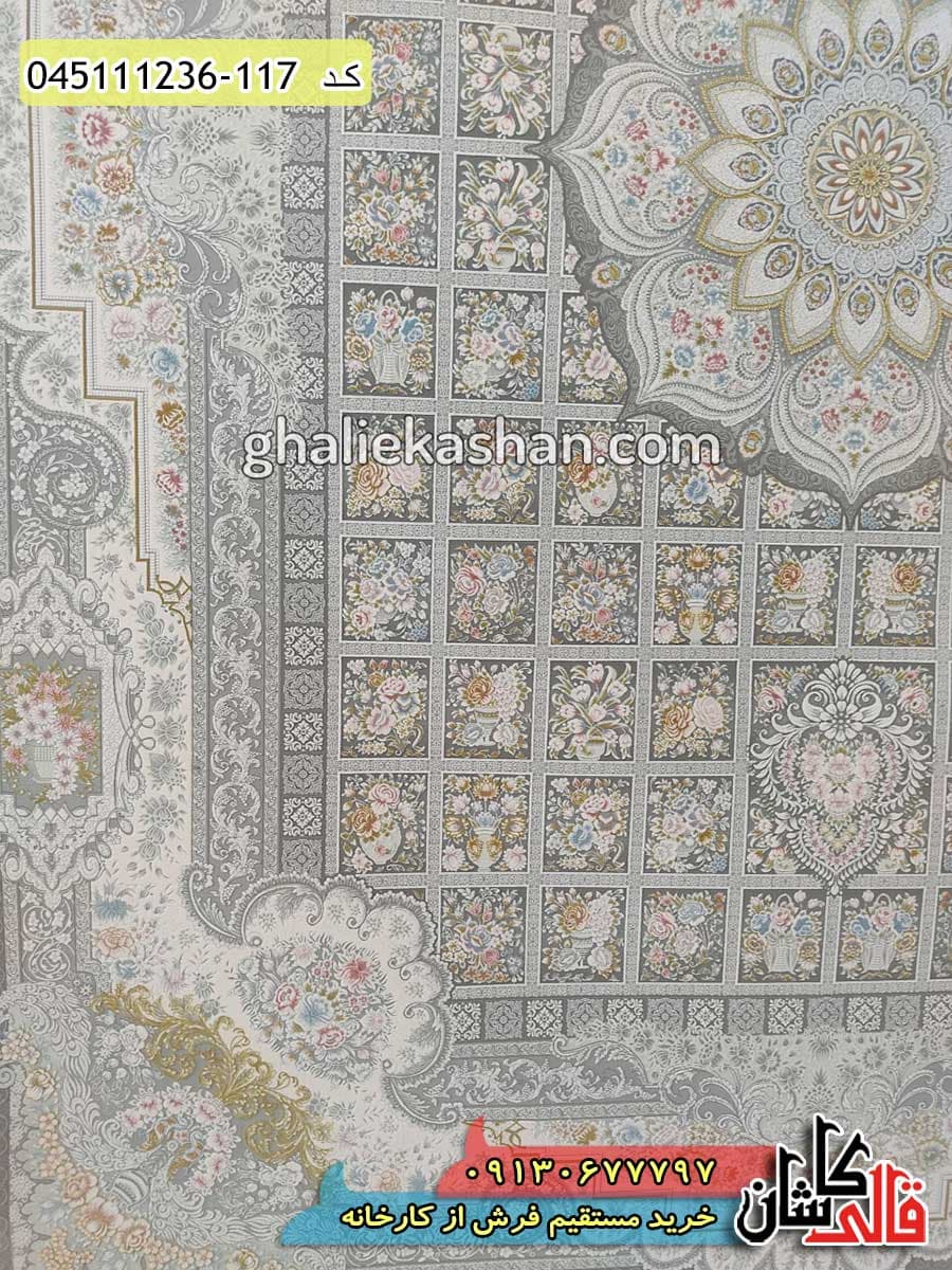 فرش طلاکوب 1200 شانه طرح خشتی ترنج زمینه متالیک کاشان – گل برجسته — تصویر ۲