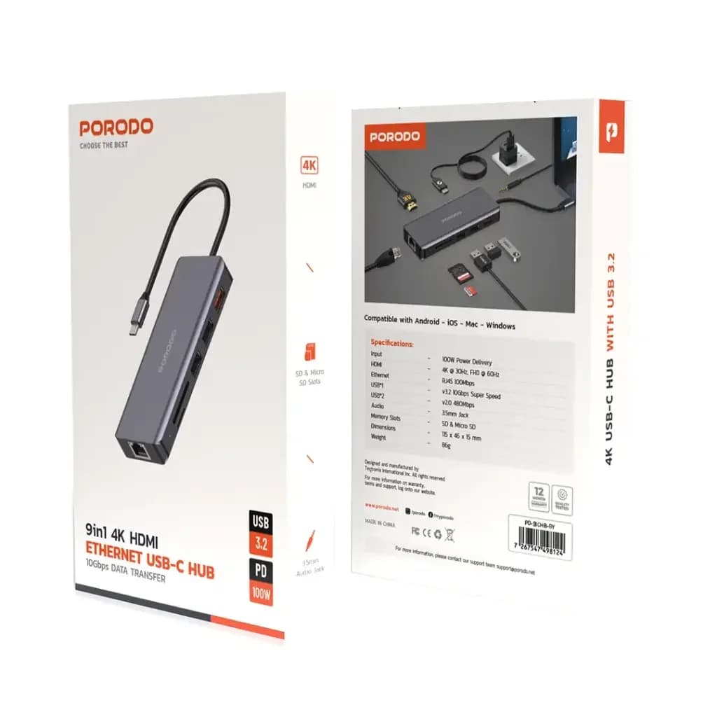 هاب 9 پورت پرودو Porodo 9in1 4K HDMI Ethernet USB-C Hub PD توان 100 وات — تصویر ۲