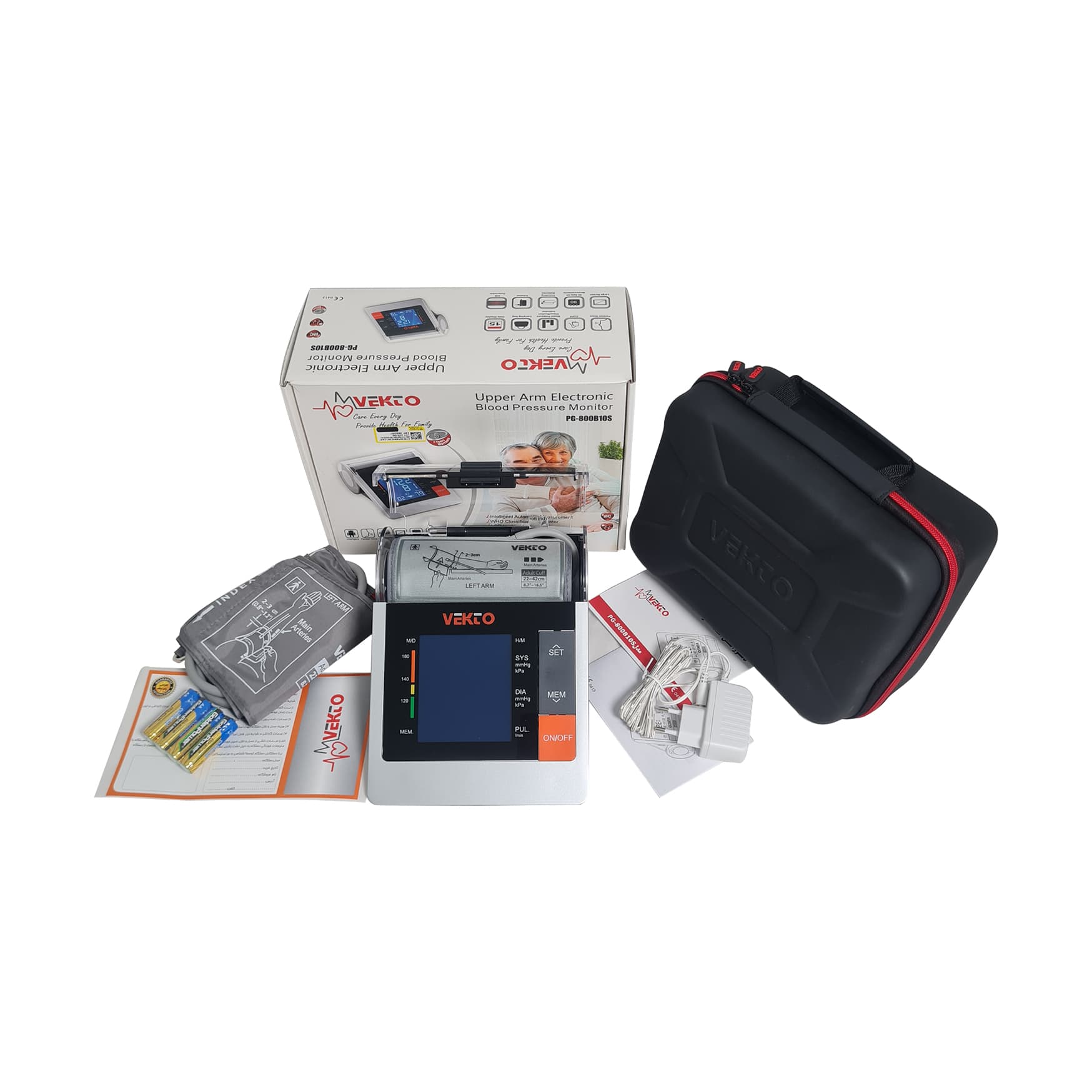 فشارسنج بازویی سخنگو وکتو مدل PG-800 B10 S با دو کاف مجزا، نمایش میانگین نتایج، مناسب دور بازو 22 تا 42 سانتی‌متر، منبع انرژی برق و باتری — تصویر ۲