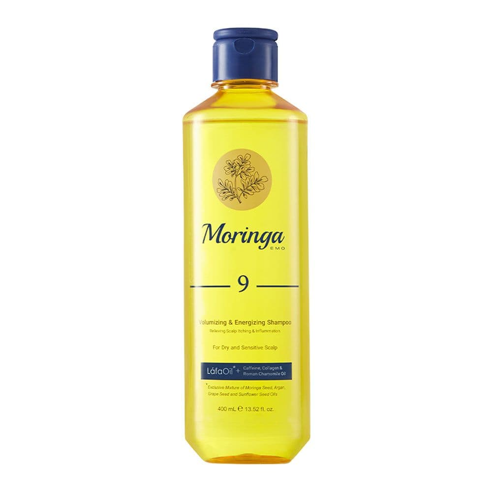 شامپو حجم دهنده و انرژی بخش 9 پوست سر خشک و حساس مورینگاامو حجم 400 میل _ moringa emo
