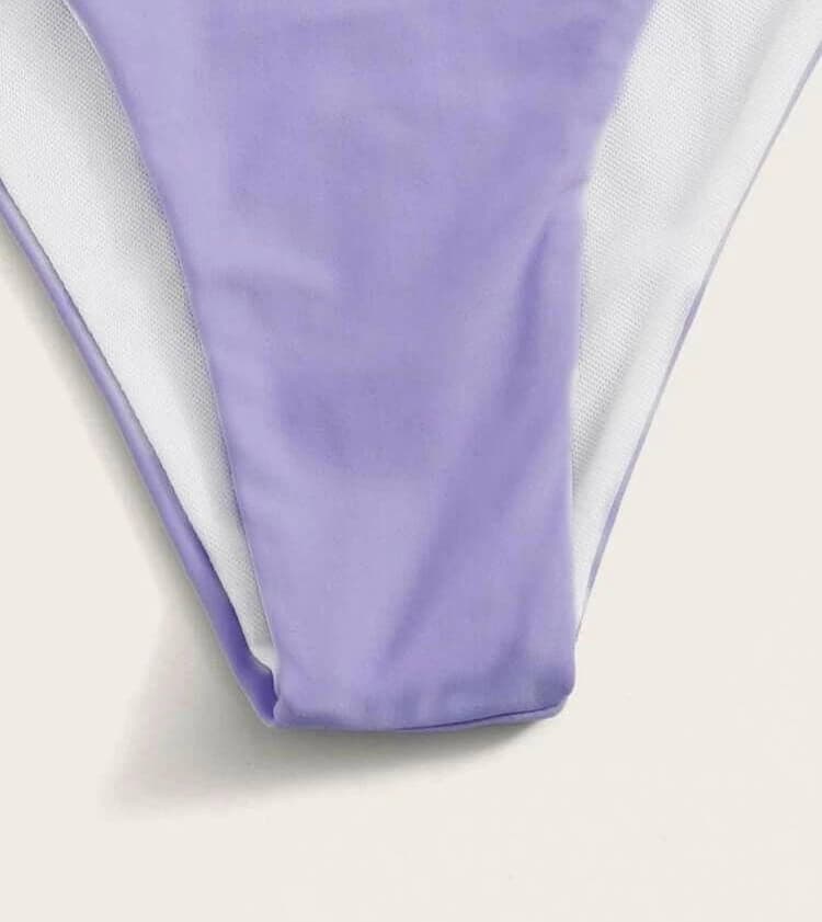 مایو دو تکه استخر زنانه خاص و شیک دارای آستین کوتاه به رنگ بنفش دارای گره در جلو و برند خارجی shein ( شین ) — تصویر ۳