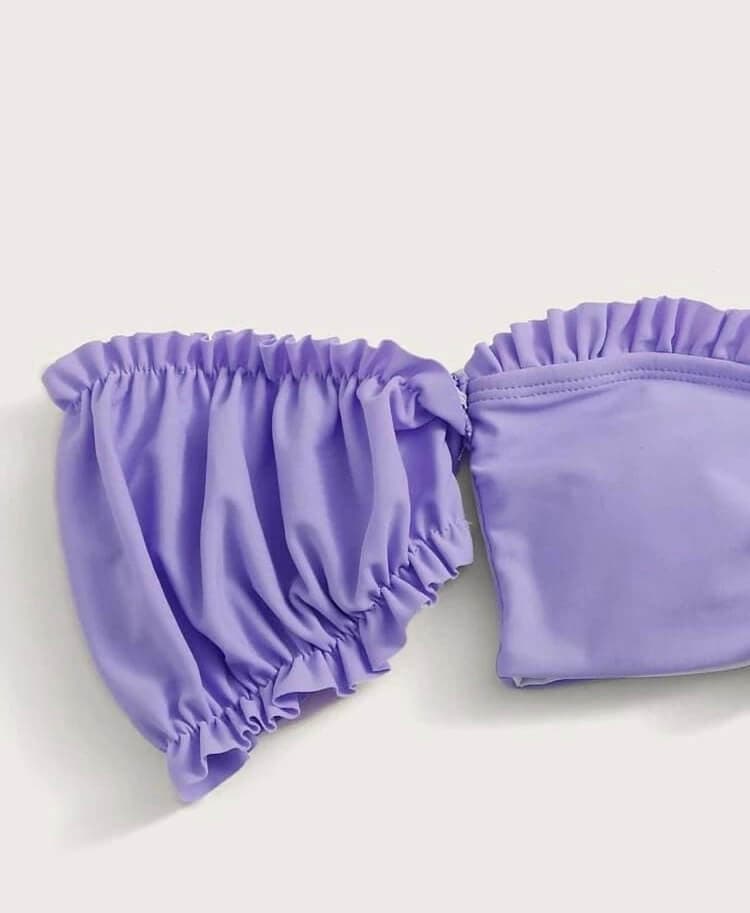 مایو دو تکه استخر زنانه خاص و شیک دارای آستین کوتاه به رنگ بنفش دارای گره در جلو و برند خارجی shein ( شین ) — تصویر ۴
