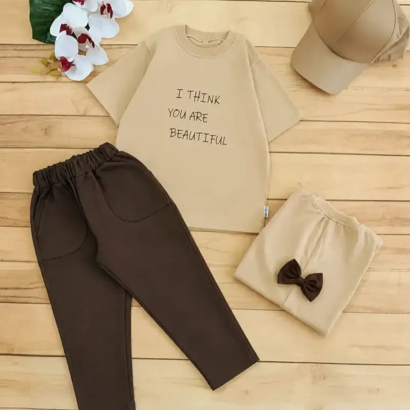 تیشرت شلوار دخترانه پشت پاپیون جنس نخ پنبه و کتان کجراه مدل مام سایز 45 تا 60 — تصویر ۲